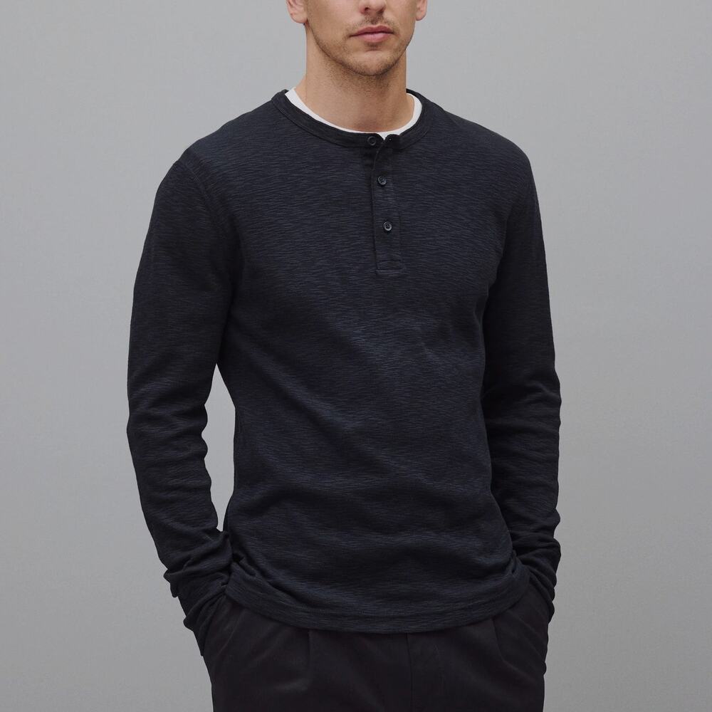 Reigning Champ 1X1 Slub Slim Henley Black Shirt XXL NEW Long Sleeve Cotton Round